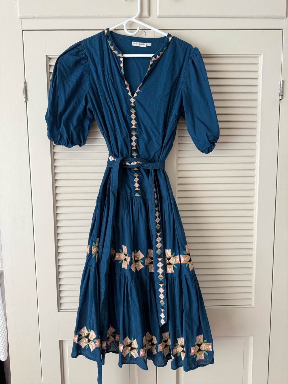 Roller Rabbit Blue Embroidered Tiered Midi Dress with Belt